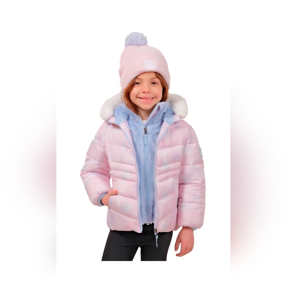 Snozu Pink and Blue Snowflake Kids Puffer Jacket with Hat